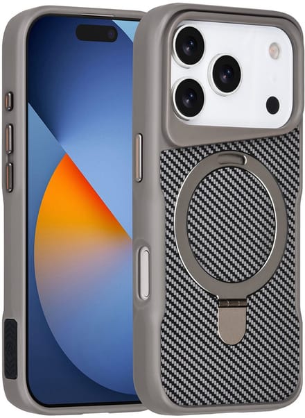 TUNIQ Back cover voor iPhone 17 Pro - MagSafe - Carbon Fiber met Ring Stand - Silver