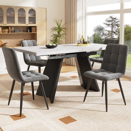 HAUSS SPOLE Eethoekset - Uitschuifbare Eettafel Met 4 Stoelen - Voor Eetkamer En Keuken - MDF Metaal En Fluweel - Wit
