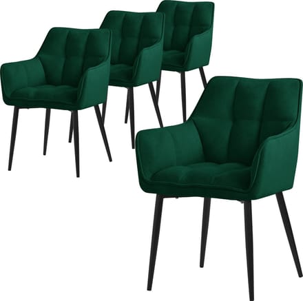 ML-Design eetkamerstoelen set van 4 gemaakt van badstof, donkergroen, keukenstoel met dikke gestoffeerde zitting & metalen poten, woonkamerstoel met rugleuning en armleuningen, gestoffeerde stoel