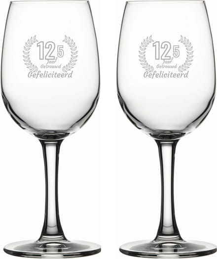 Gegraveerde set witte wijnglazen 26cl Gefeliciteerd 12,5 jaar getrouwd