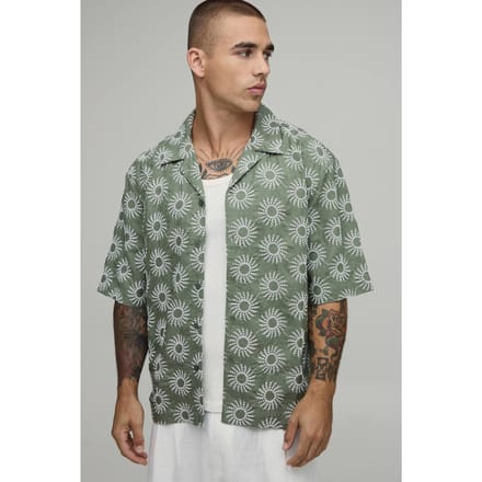 Oversized Geborduurd Shirt Met Korte Mouwen En Reverskraag | Sage | Size Medium