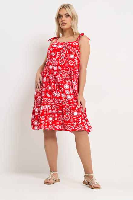 Yours Rode Gesmokte Linnen Jurk Met Gemixte Print Size 46