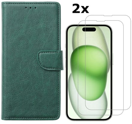 Hoesje Geschikt voor iPhone 15 hoesje bookcase met 2x screenprotector – Groen