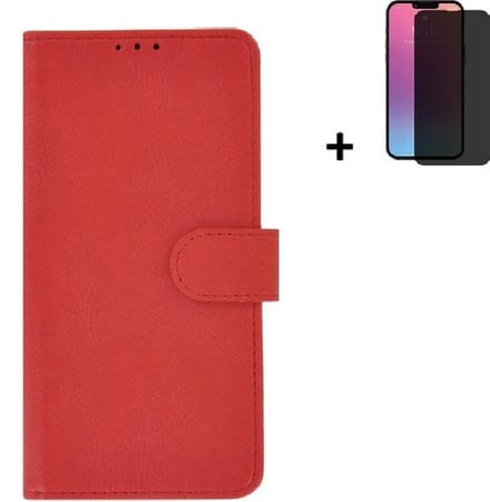 Geschikt voor iPhone 13 Mini Hoesje + iPhone 13 Mini Screenprotector - iPhone 13 Mini Hoes Wallet Bookcase Rood + Privacy Tempered Glass