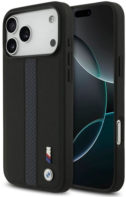 BMW Back Cover - iPhone 17 Pro Max - Zwart - PU Leather met Perforaties & Metal Logo