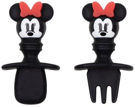 Bumkins Disney Minnie Mouse Chewtensils - Siliconen Baby Bestekset - Lepel en Vork - Oefenbestek en Eerste Bestek voor Zelf Eten - Baby Led Weaning BLW - Vanaf 6 Maanden - Vaatwasserbestendig - BPA-vrij - Zwart