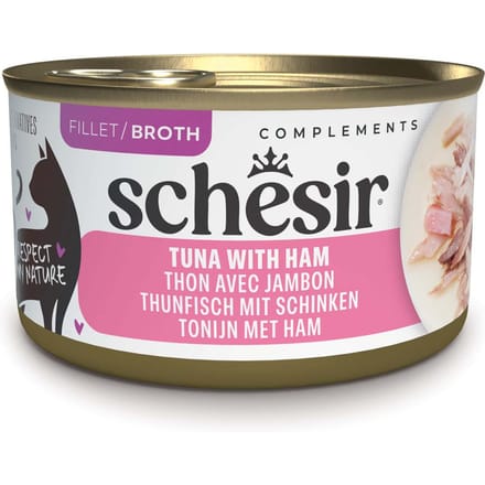 12x 70g Schesir Complements in Brühe Thunfisch mit Schinken Katzenfutter nass