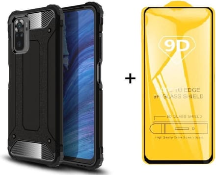 Xiaomi Redmi Note 10 4G / Note 10S silicone TPU hybride zwart hoesje + full cover glas screenprotector