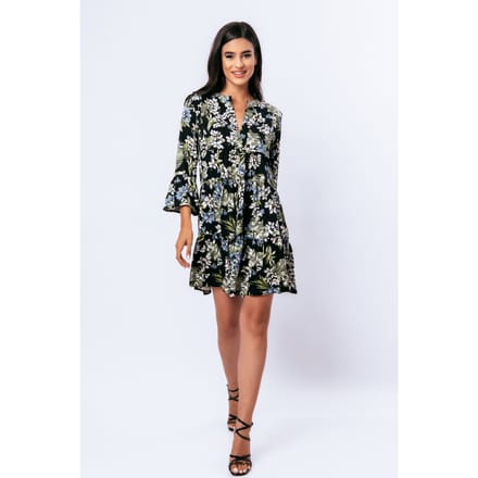 Khaki, ecru en blauwe bloemenjurk met klokmouwen