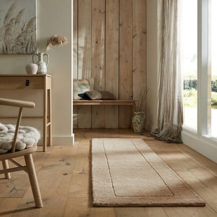 Flycarpets Loper Tuscany Modern Wol - Effen - Kader Vloerkleed - Naturel / Beige - 60x230 cm