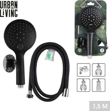 Urban Living basic douchekop - 3 functies - met doucheslang 150 cm - zwart - kunststof/metaal
