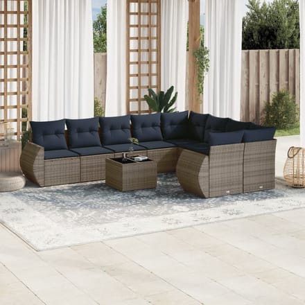 vidaXL - 10-delige - tuinbankset - met - kussens, - grijs - polyrotan
