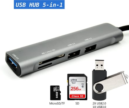USB 3.0 HUB - Geheugenkaartlezer - 5-in-1 - USB-A naar MicroSD/TF/SD kaartlezer, 2x USB2.0, 1x USB3.0