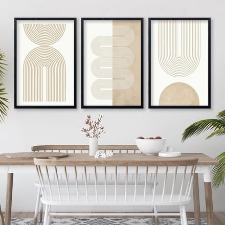 Set van 3 Houten Wandpanelen met Beige Geometrische Abstracte Prints