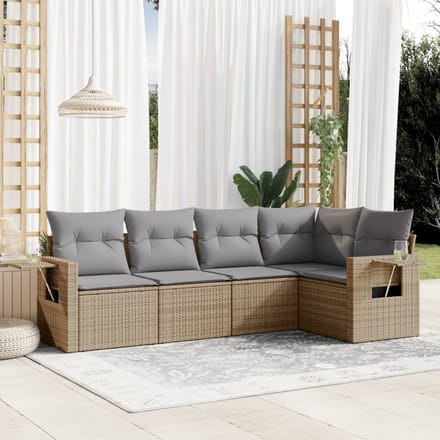 vidaXL - 5-delige - Loungeset - met - kussens - poly - rattan - beige