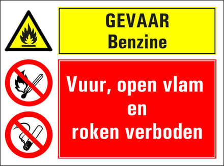 Benzine, vuur open vlam en roken verboden sticker 280 x 210 mm