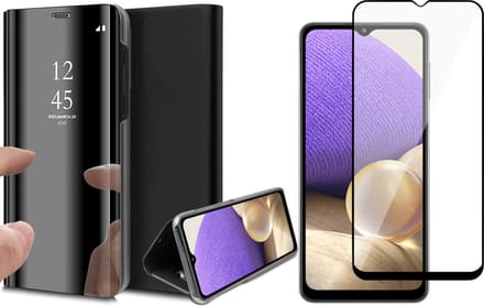 Hoesje geschikt voor Samsung Galaxy A32 5G - Screen Protector FullGuard - Book Case Spiegel Zwart & Screenprotector