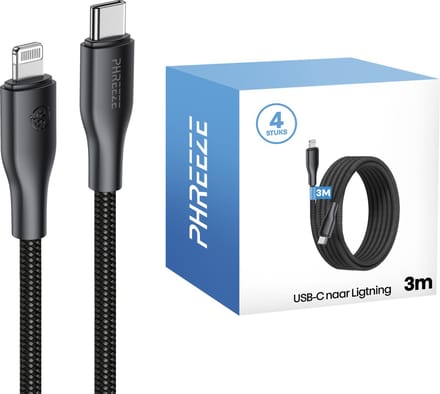 Kabel geschikt voor iPhone met Lightning naar usb C - 4 pack - 20w - 3 meter - Zwart - Phreeze