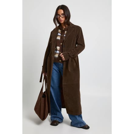 boohoo Dames Kleine nep suede ingesnoerde lange jas | Chocolate | Maat: 8