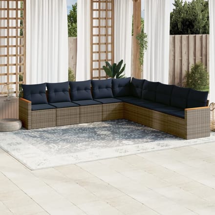vidaXL - 9-delige - tuinbankset - met - kussens, - grijs - polyrotan