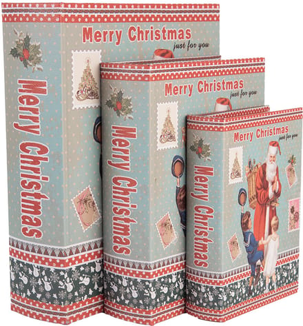Clayre & Eef Opbergdoos Set van 3 Boeken 27 /22 /17 cm Blauw Hout Kerstman