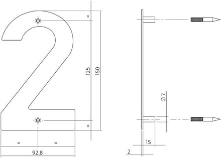Huisnummer 2 RVS Geborsteld 150 mm Hoog