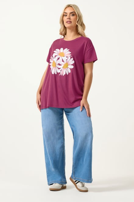 Yours Roze Tshirt Met Studs En Madeliefjes Size 50-52