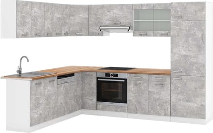 Vicco Hoekkeuken R-Line, Beton/Wit, 287 x 227 cm, WB Eik