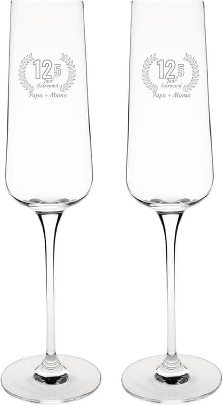 Gegraveerde set champagneglazen 27cl Papa + Mama 12,5 jaar getrouwd