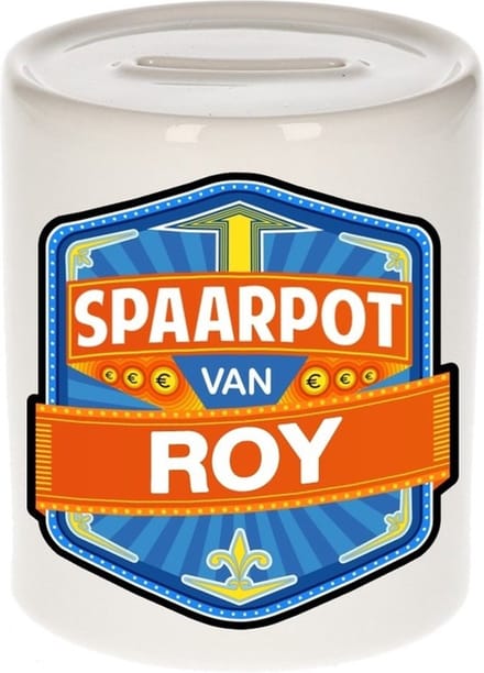 Bellatio Decorations Kinder spaarpot met naam - Roy - keramiek - met dop - wit - Sparen - Spaargeld van Roy