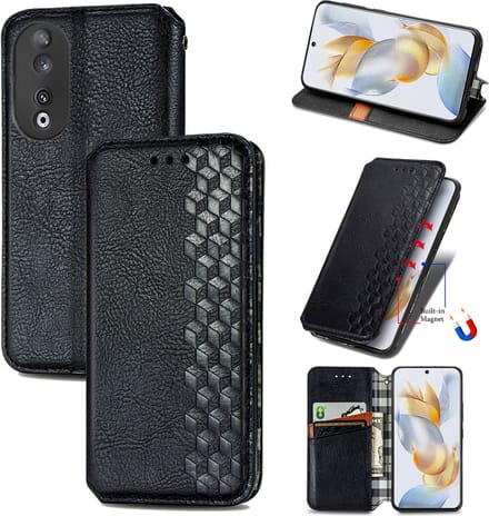 Luxe PU Lederen Ruitpatroon Wallet Case + Screenprotector voor Honor 90 _ Zwart