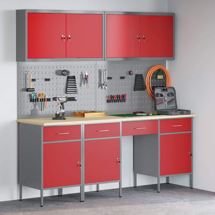 vidaXL - Werk - Cabinet - met - lade - 10 - st - Rood - Engineered - hout - en - staal
