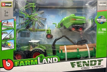 Bburago 10 cm boerderijtractor cadeauset - Fendt 1050 Vario met 3 aanhangwagens - UNI