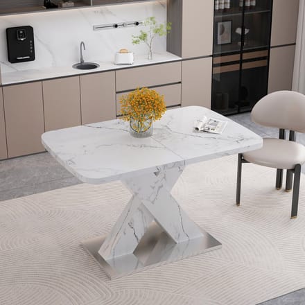 MIVRAY Eettafel - Uitschuifbaar Rechthoekig Design Voor Eetkamer - Marmerlook Blad Met X-Poot - MDF En Staal - Wit