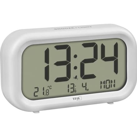 TFA Dostmann 60.2052.02 Wekker Kwarts Wit Alarmtijden 2 Groot display, Extra luid wekgeluid