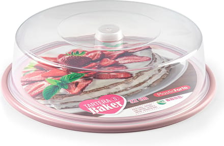 PlasticForte Taart bewaardoos - rond - gebak plateau - roze bodem - D32 x H9,5 cm