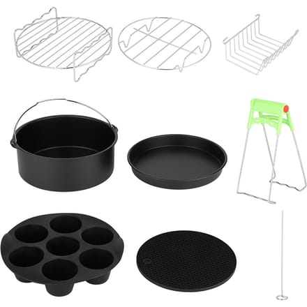Accessoires pour friteuse à air 8 pouces, ensemble de 8 pièces, support en métal, support à brochettes, baril à gâteau blanc