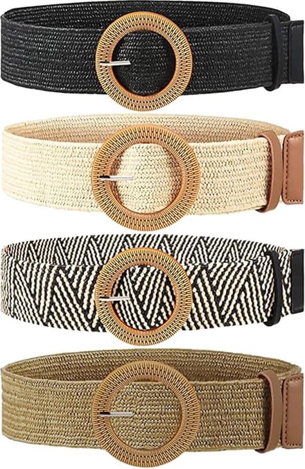 Set van 4 elastische stretchriemen van stro, dames boho taille gevlochten bodycon jurkriem - brede geweven riem - beige/zwart/bruin/gestreept - geweven boho stroriem