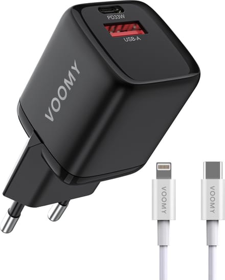 Voomy Snellader 33W + Lightning Kabel - USB C & USB A - Oplader geschikt voor Smartphones & Tablets - Adapter Universeel - Zwart