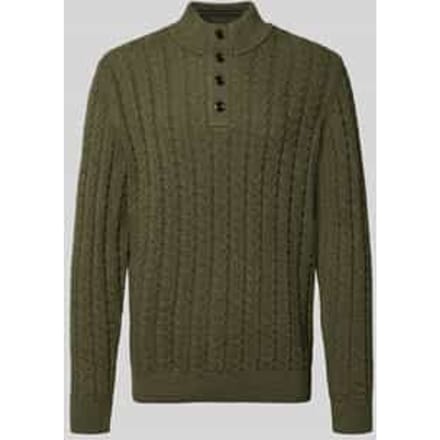 Fynch-Hatton Trui Buttoned Troyer Soft Knit Cable Cotton Wool Blend Donker Khaki / male