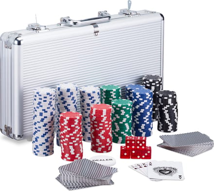 pokerkoffer - 300 laserchips - 2 kaartspellen - 5 dobbelstenen - button - afsluitbaar