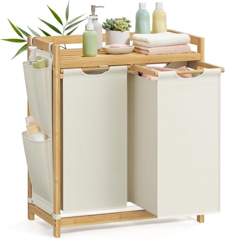 Hoppa! Wasmand - Crème Wit - Bamboe, Oxford-Doek - 63 x 33 x 78 cm (B x D x H)
