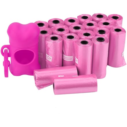 Sacs poubelles propres en plastique pour chiens, 20 rouleaux, avec support distributeur de sacs en forme d'os (Noir) pink