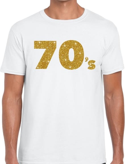 70's goud glitter tekst t-shirt wit heren - Jaren 70 / Seventies kleding L