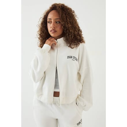 Dames Dsgn Studio Collegiate Bedrukte Bomber Sweatshirt Met Rits En Col | Creme | Maat: 3XL