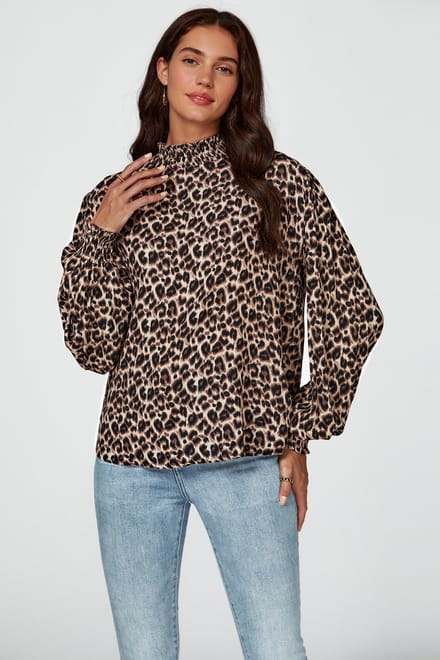 Blouse met luipaardprint, lange mouwen en hoge hals in bruin