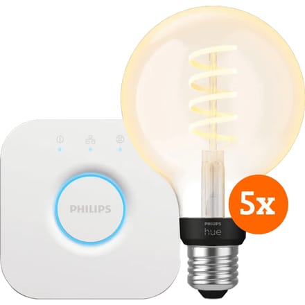 Philips Hue Filament White Ambiance Globe 5-Pack + Bridge