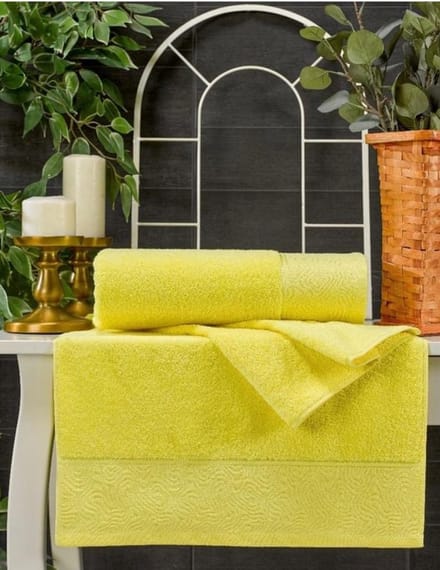 Lubna Home  badhanddoekset  2 PACK 70x140 cm-50x90 cm Gekamde Katoen FOLD GEEL