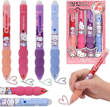 Hello Kitty Set van 4 gekleurde balpennen, drukpen met zachte greep