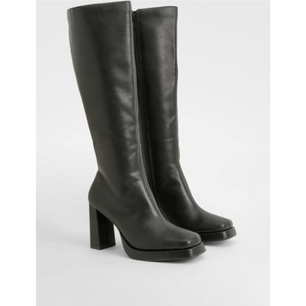 boohoo Dames Blockhakken Platform Kniehoge Laarzen | Black | Maat: 7